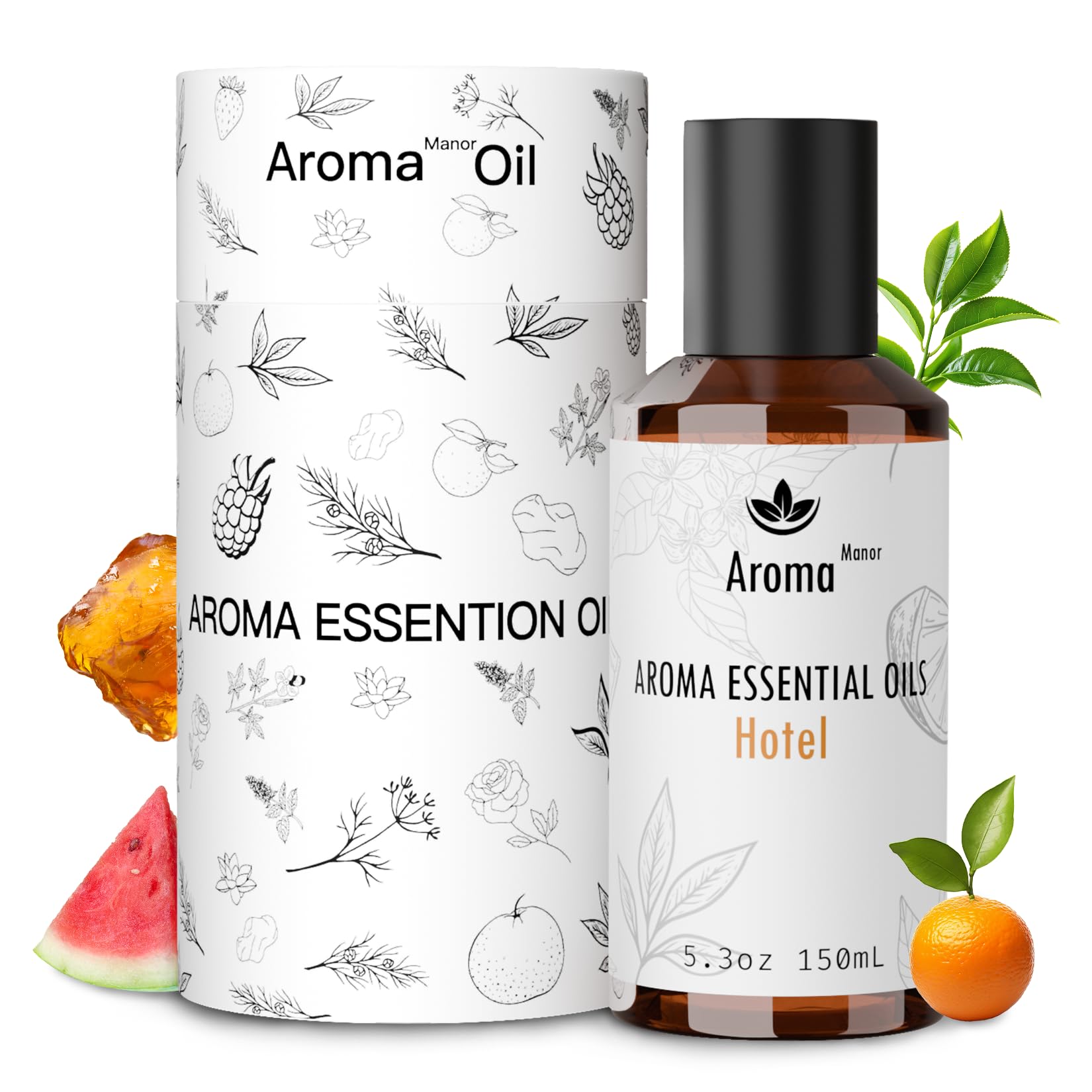 Aroma Manor Hotel Diffuser Oil bottle on a nightstand for hotel-luxe ambience.