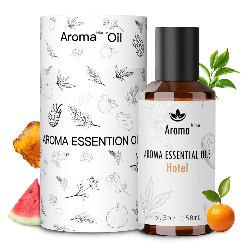 Aroma Manor Hotel Diffuser Oil bottle on a nightstand for hotel-luxe ambience.