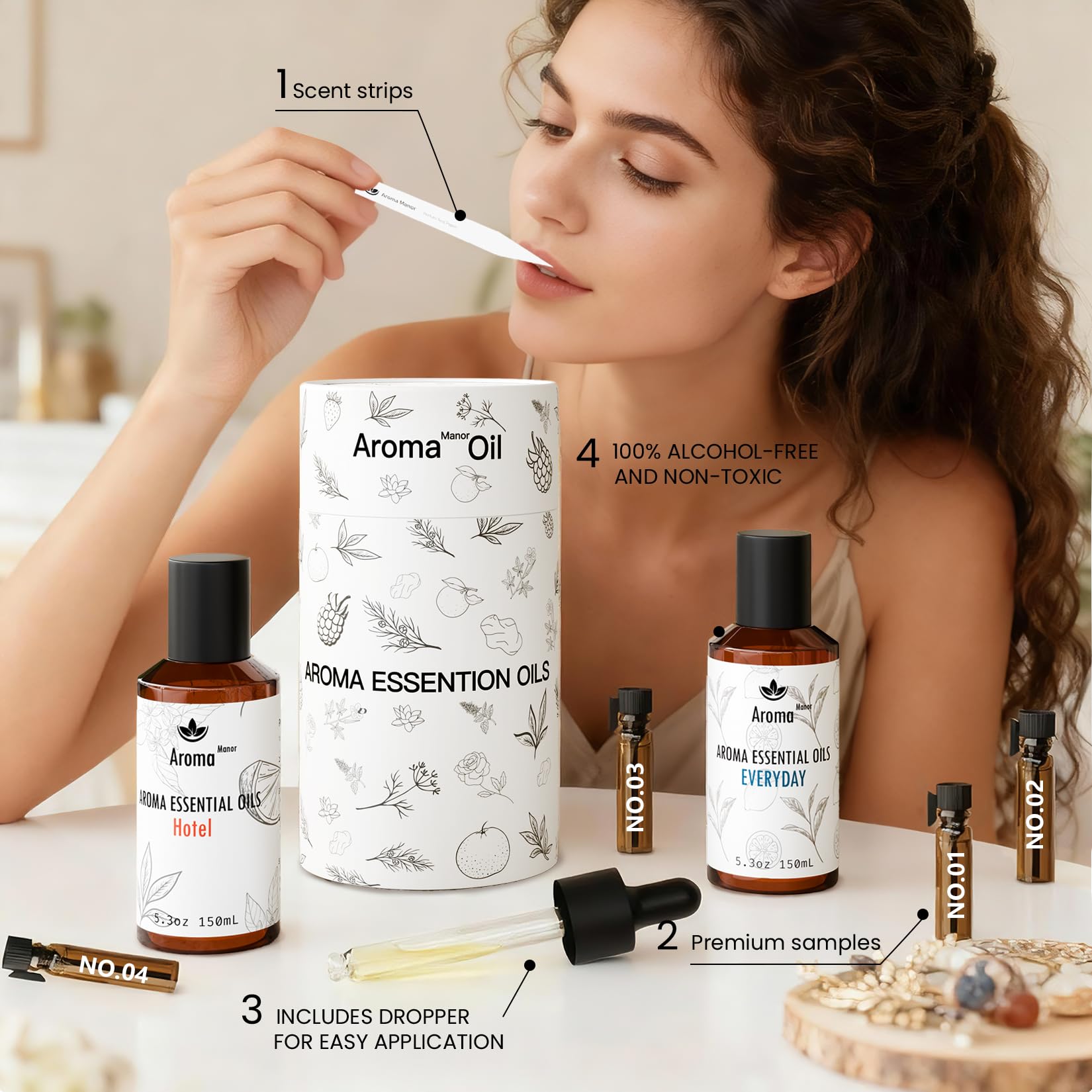 Aroma Manor Hotel Diffuser Oil bottle in a living room, ready to diffuse fragrance.