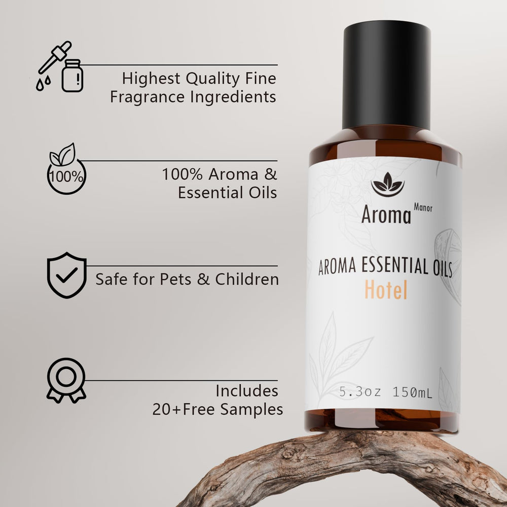 A close-up of Aroma Manor Hotel Diffuser Oil label hints at Clementine and Santal fragrance.
