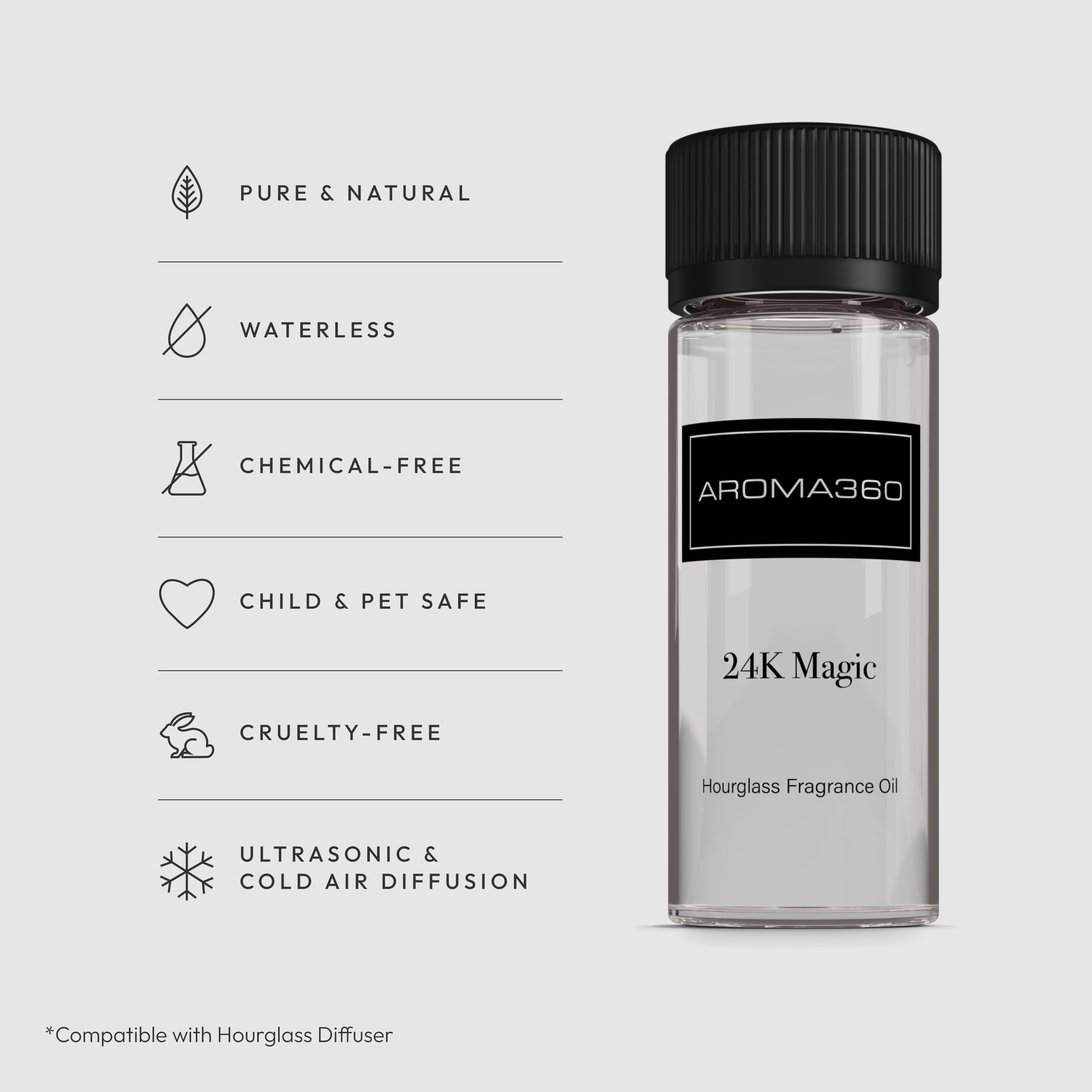 Aroma360 24K Magic bottle close-up, highlighting lemongrass, bergamot, and laurel notes for an energizing scent.