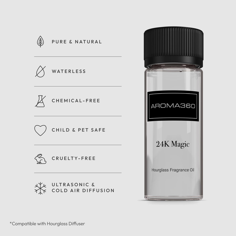 Aroma360 24K Magic bottle close-up, highlighting lemongrass, bergamot, and laurel notes for an energizing scent.