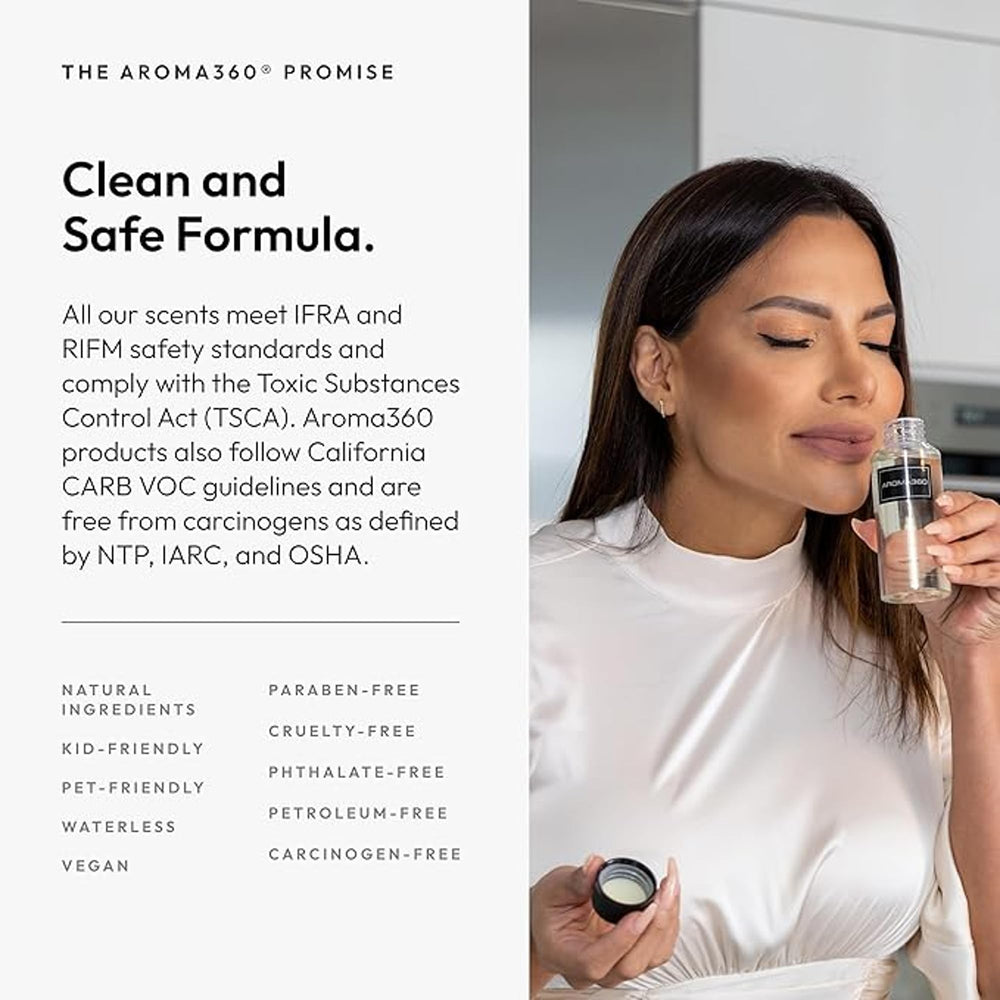 Aroma360 Black Diffuser Oil Rose-Moss-Amber base notes close-up