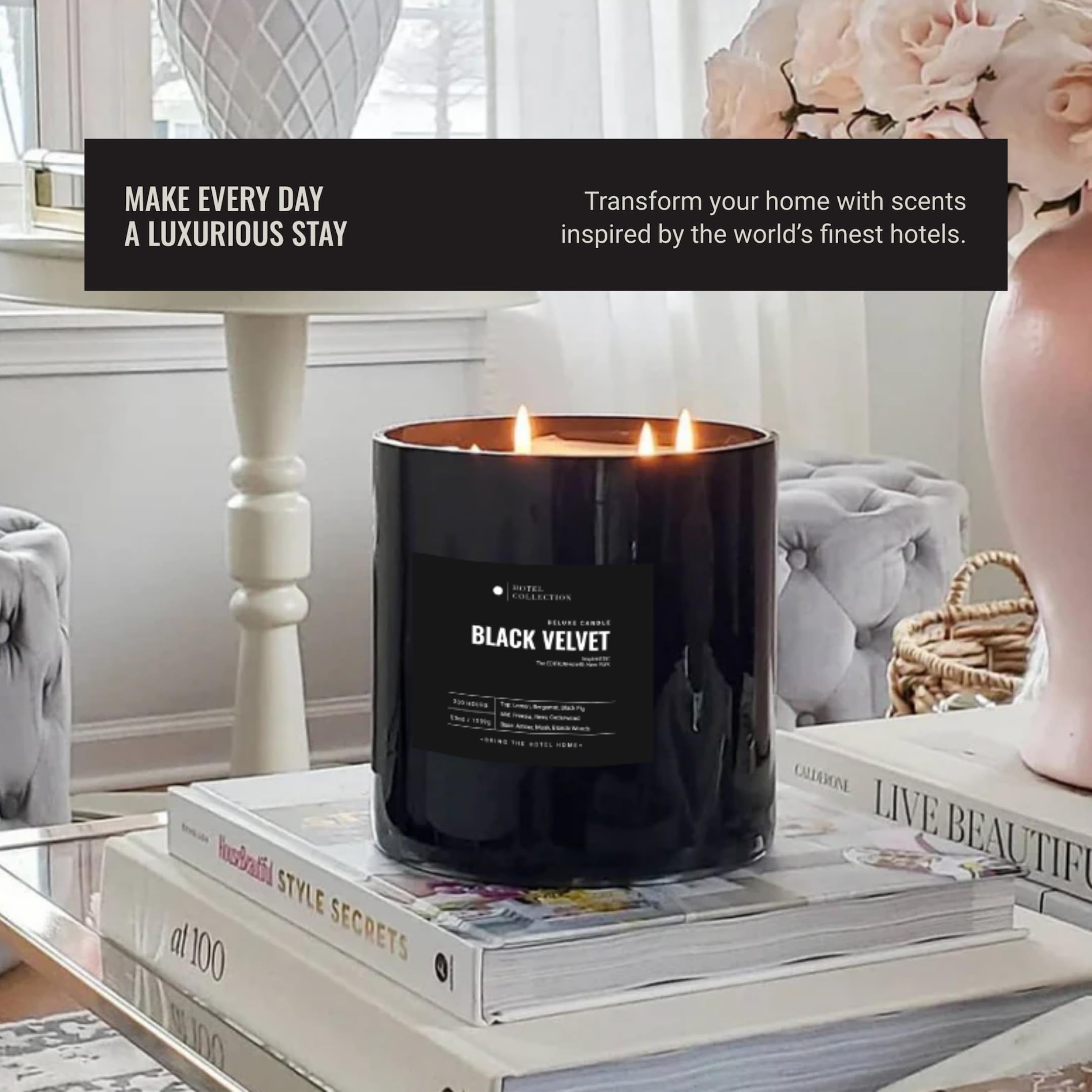 Aroma360 Black Velvet room scene demonstrates premium home fragrance in a living space.