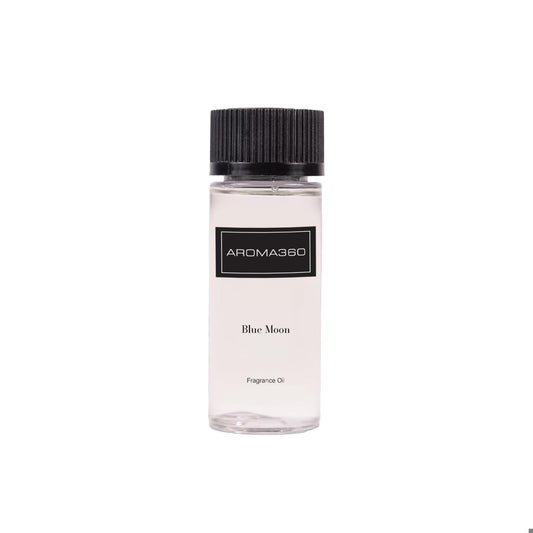 Aroma360 Blue 50mL bottle closeup highlighting amber and santal ambiance