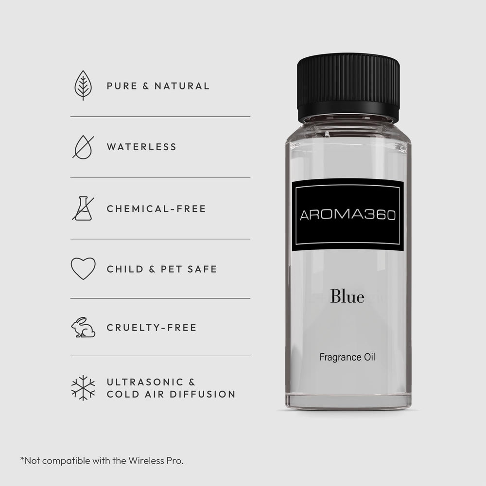 Aroma360 Blue Diffuser Oil Blend bottle pour releasing fragrance to refresh a room.