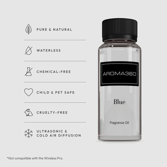 Aroma360 Blue Diffuser Oil Blend bottle pour releasing fragrance to refresh a room.