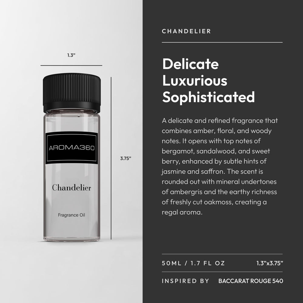 Close-up of Aroma360 Chandelier bottle and label