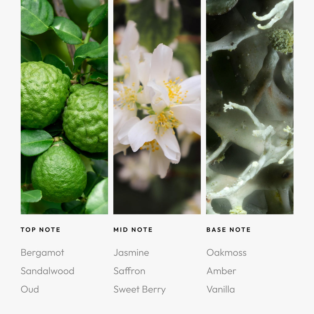 Chandelier fragrance oil with Bergamot, Sandalwood and Saffron on wooden background