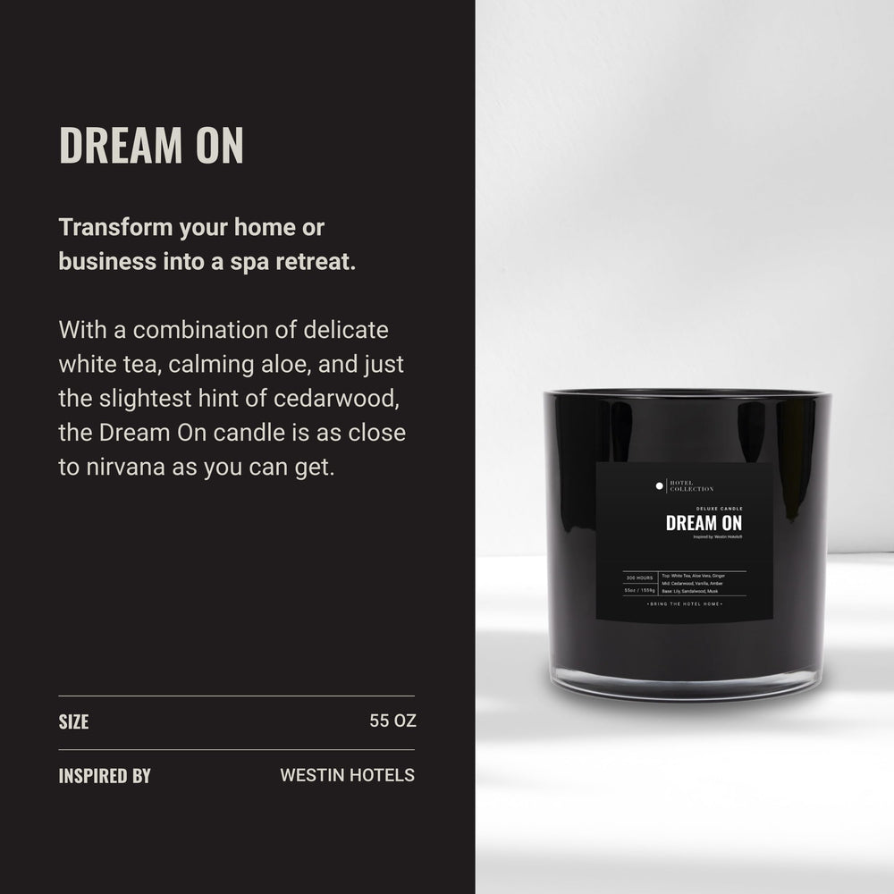Aroma360 Dream On Deluxe candle 55oz packaging close-up for display
