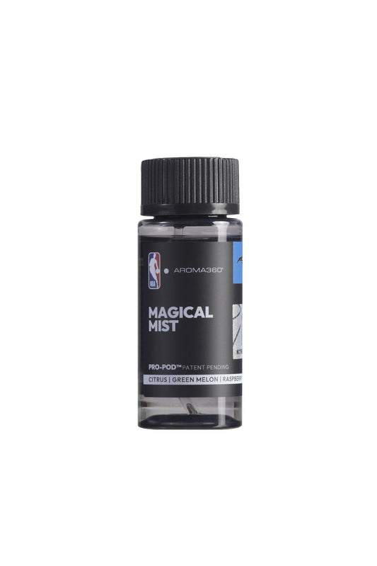 Aroma360 Magical Mist bottle pour showcases pristine scent release for a refreshing room ambiance.
