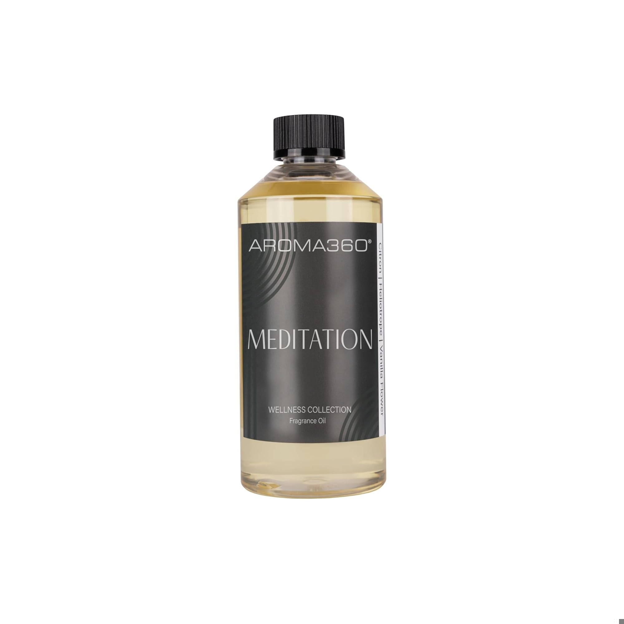 Aroma360 Meditation Fragrance Oil bottle ready for diffusers, promoting serene meditation and relaxation.