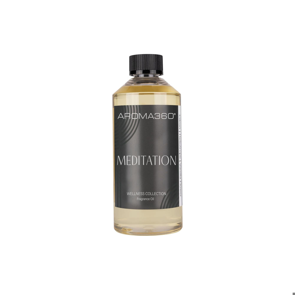 Aroma360 Meditation Fragrance Oil bottle ready for diffusers, promoting serene meditation and relaxation.