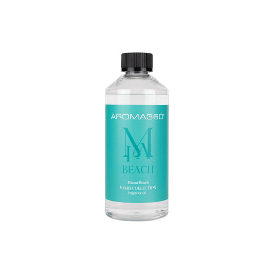 Aroma360 Miami Beach fragrance oil bottle delivers luxurious ambience with refreshing honeydew and driftwood.