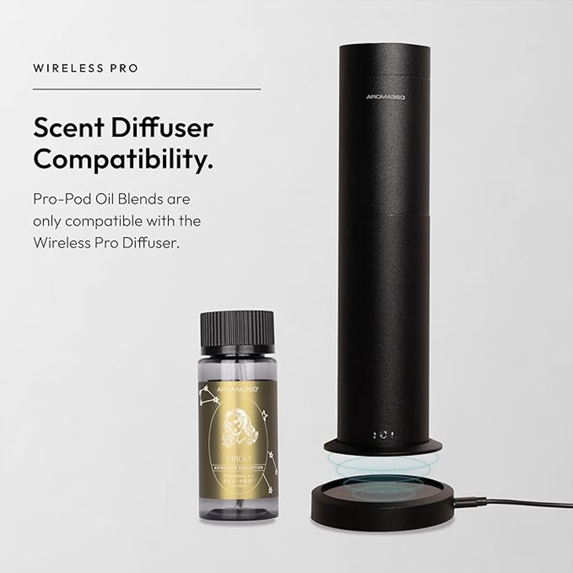 Aroma360 Pro Pod bottle close-up emphasizing premium diffuser oil