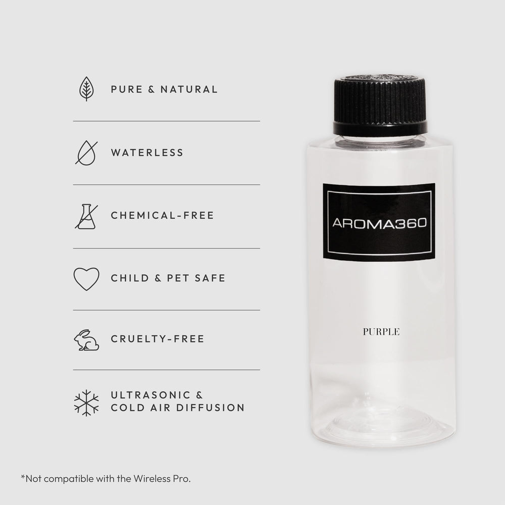 Aroma360 Purple 200mL diffuser setup shown in a luxurious room setting.