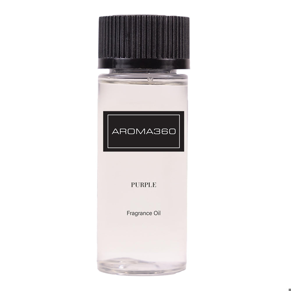 Aroma360 Purple 50mL bottle close-up highlighting luxurious essential oils for home scent