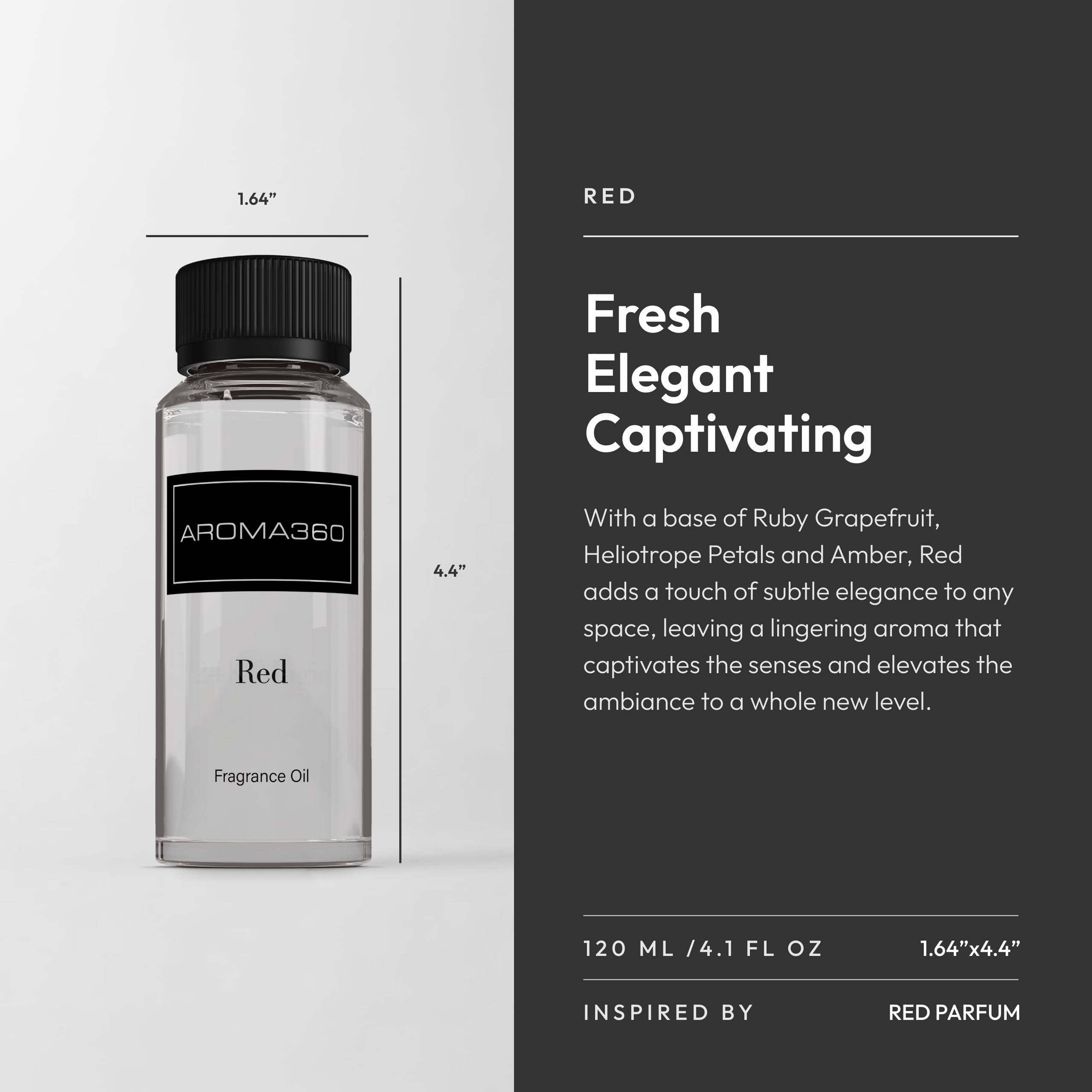 Aroma360 Red Diffuser Oil amber glass bottle on a shelf, evoking luxury and calm.