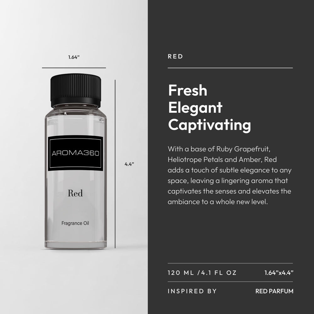 Aroma360 Red Diffuser Oil amber glass bottle on a shelf, evoking luxury and calm.