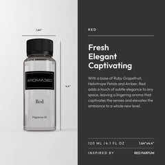 Aroma360 Red Diffuser Oil amber glass bottle on a shelf, evoking luxury and calm.