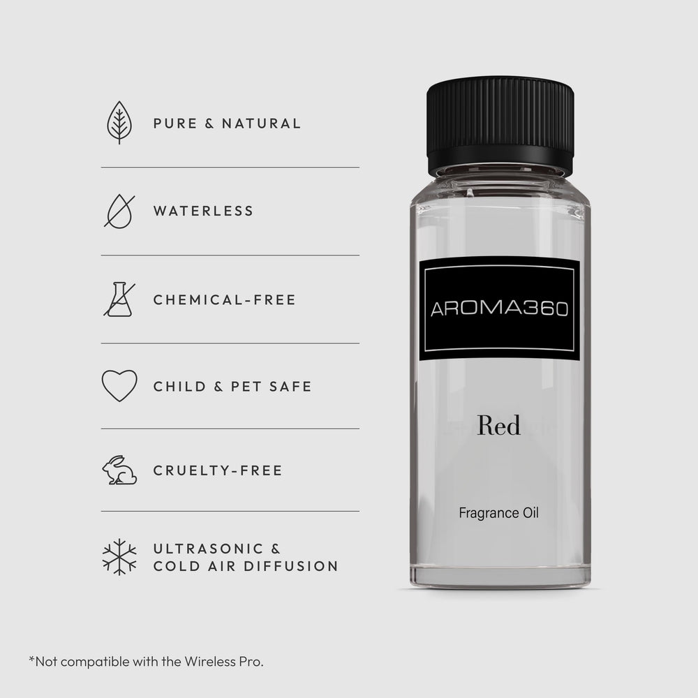 Aroma360 Red Diffuser Oil drops into a diffuser, filling the space with amber and floral notes.