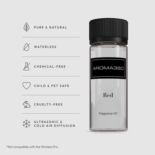 Aroma360 Red diffuser oil glass scene inviting sophisticated ambiance with rich notes