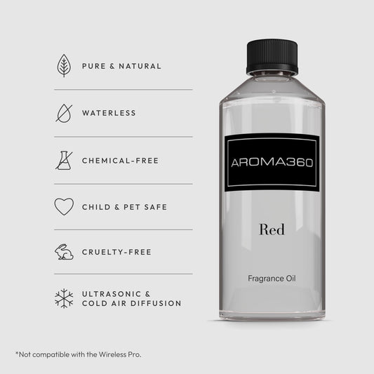 Aroma360 Red label close-up highlighting ruby grapefruit notes for a vibrant atmosphere.