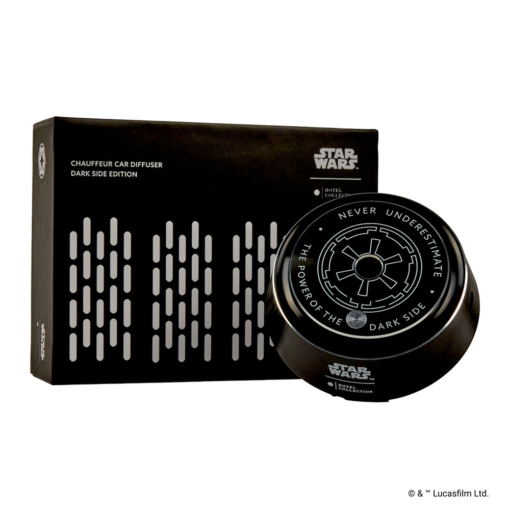 Aroma360 Star Wars Empire diffuser in black side finish enhances cabin ambiance.