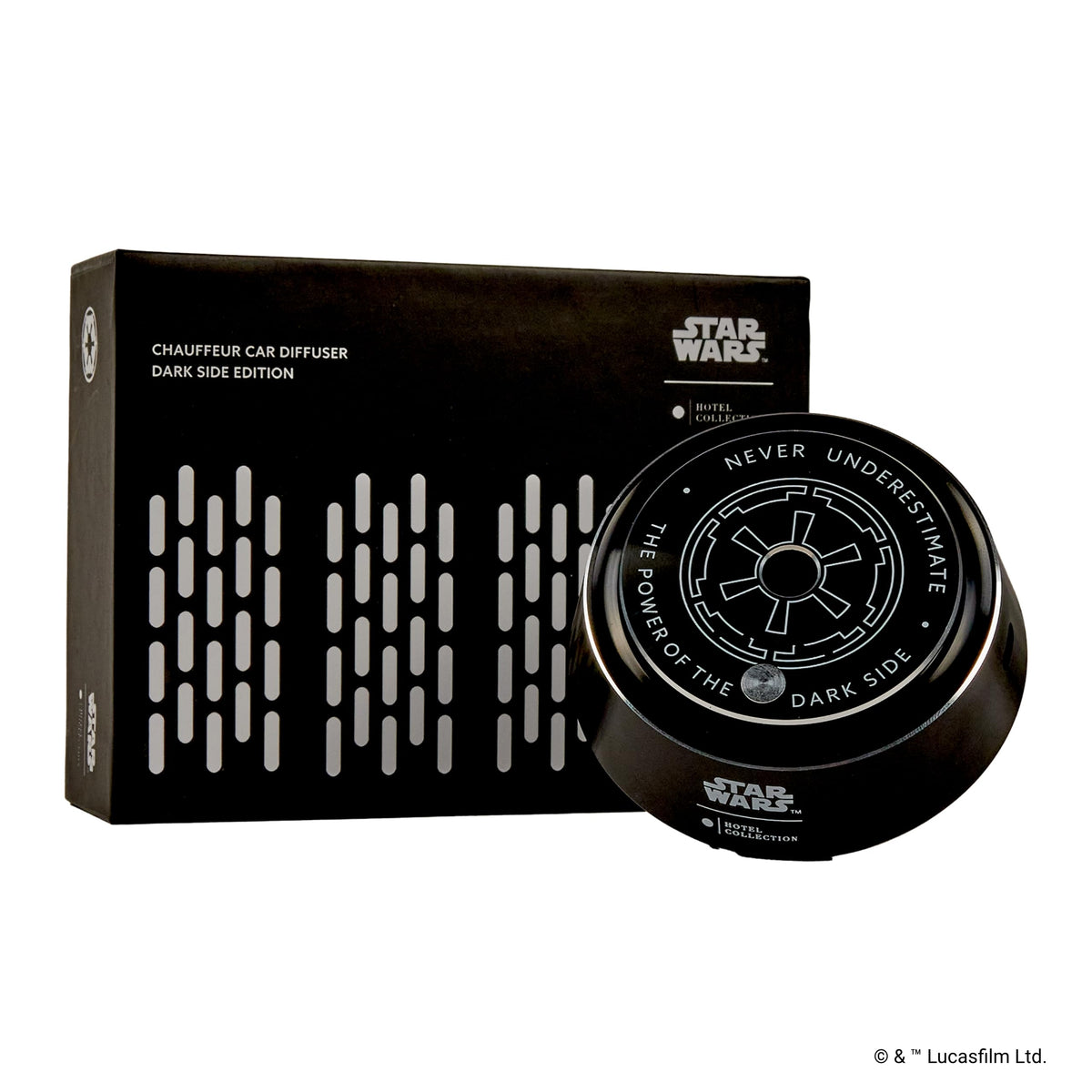 Aroma360 Star Wars Empire diffuser in black side finish enhances cabin ambiance.