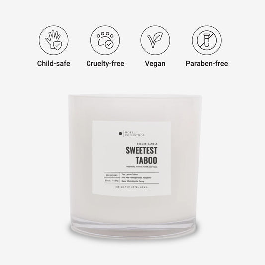 Aroma360 Sweetest Taboo Deluxe candle packaging evokes hotel inspired luxury
