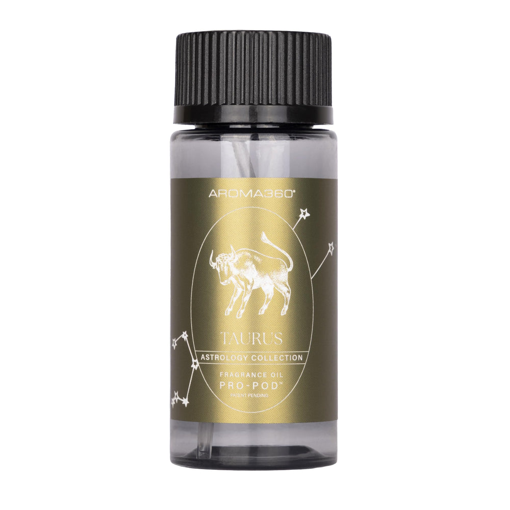Aroma360 Taurus Pro-Pod bottle pour showing premium diffuser oil for tranquil spaces.
