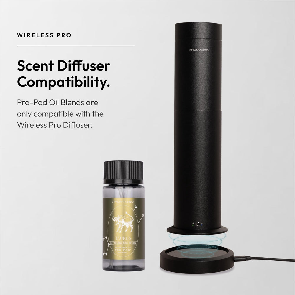 Aroma360 Taurus Pro-Pod office diffuser in workspace for focused scent backdrop.