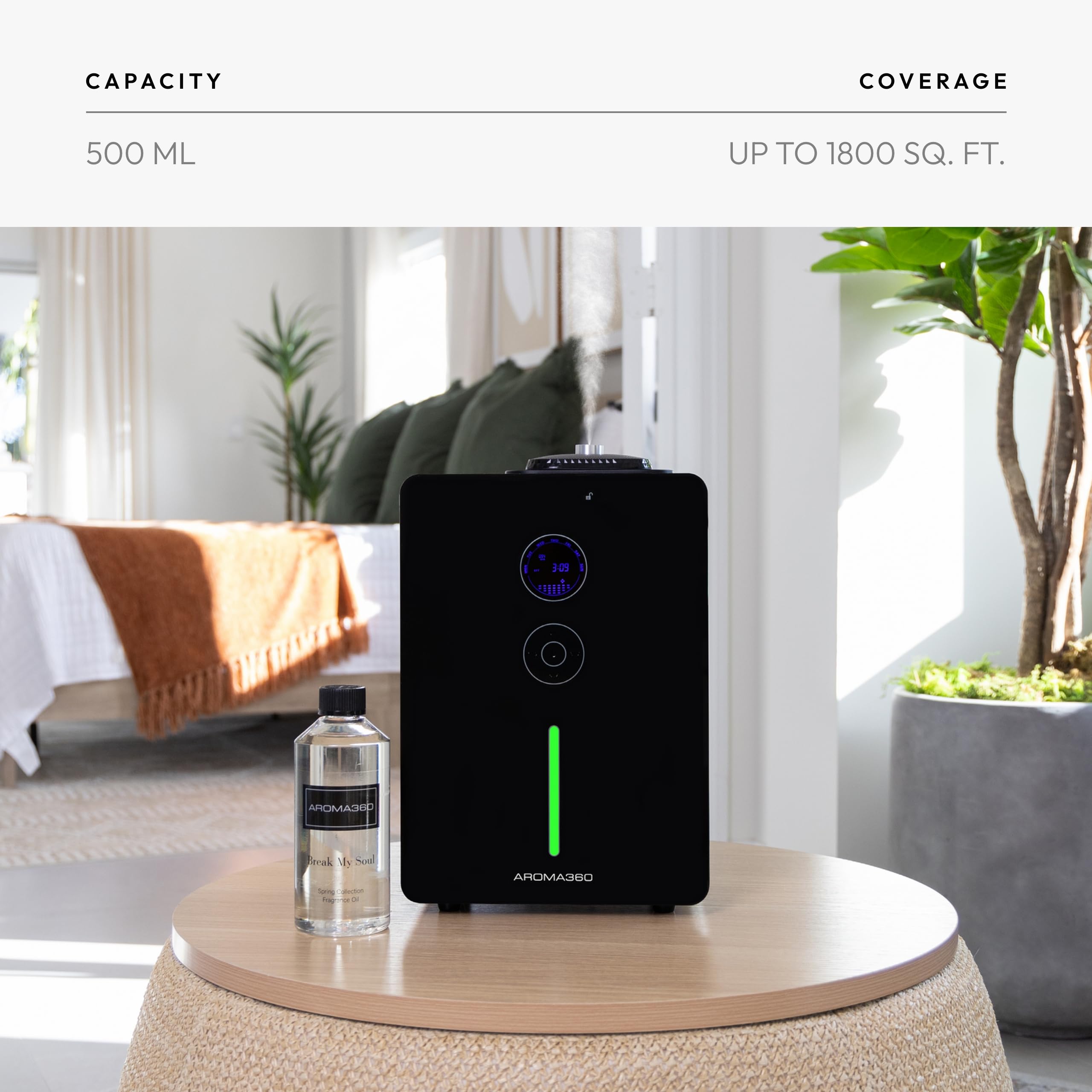 Aroma360 VanGogh360 diffuser in a living room with hotel-inspired aroma.