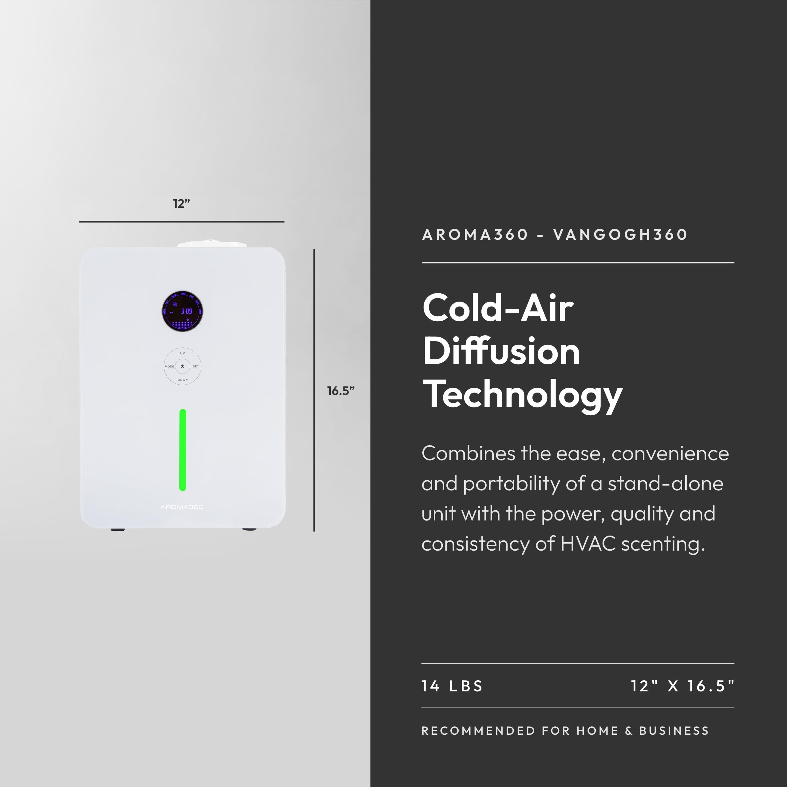 Aroma360 VanGogh360 diffuser side view in white showing slim profile for modern interiors.