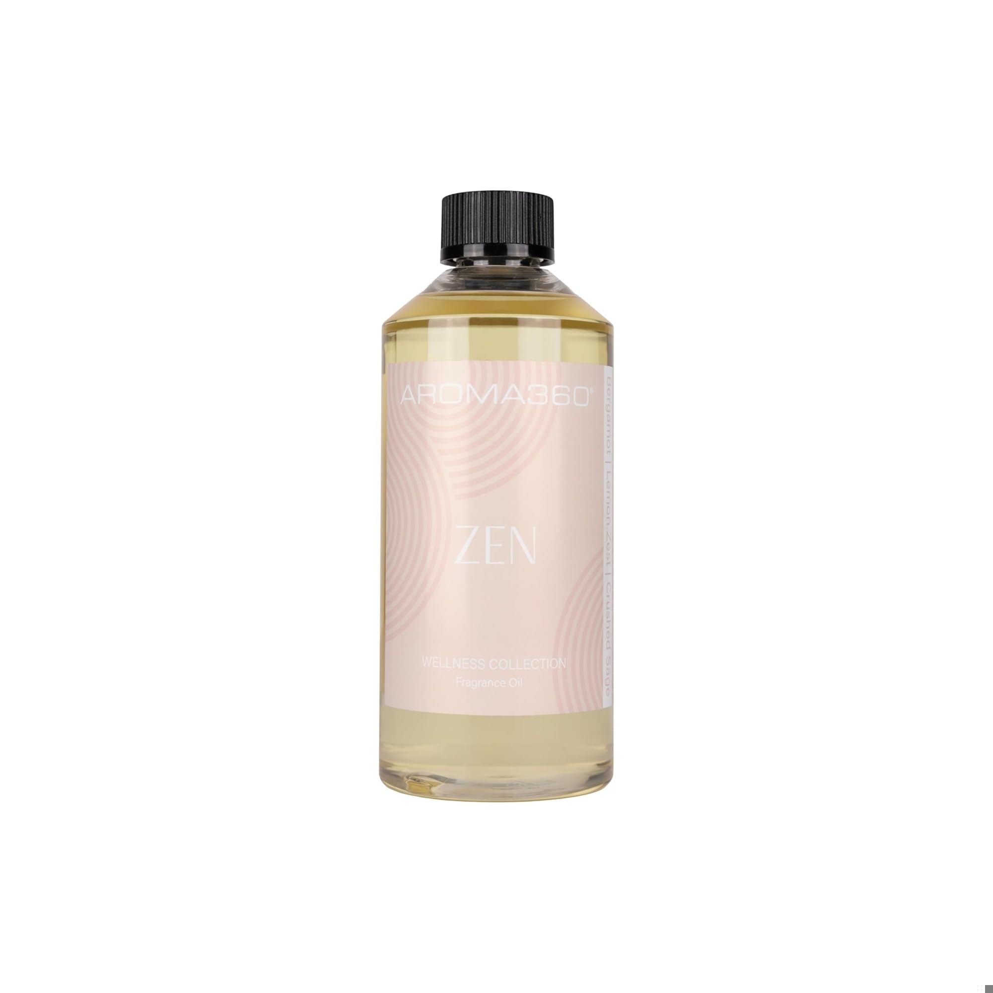 Aroma360 Zen Fragrance Oil Blend bottle image—bergamot, lemon zest, crushed sage for tranquil spaces