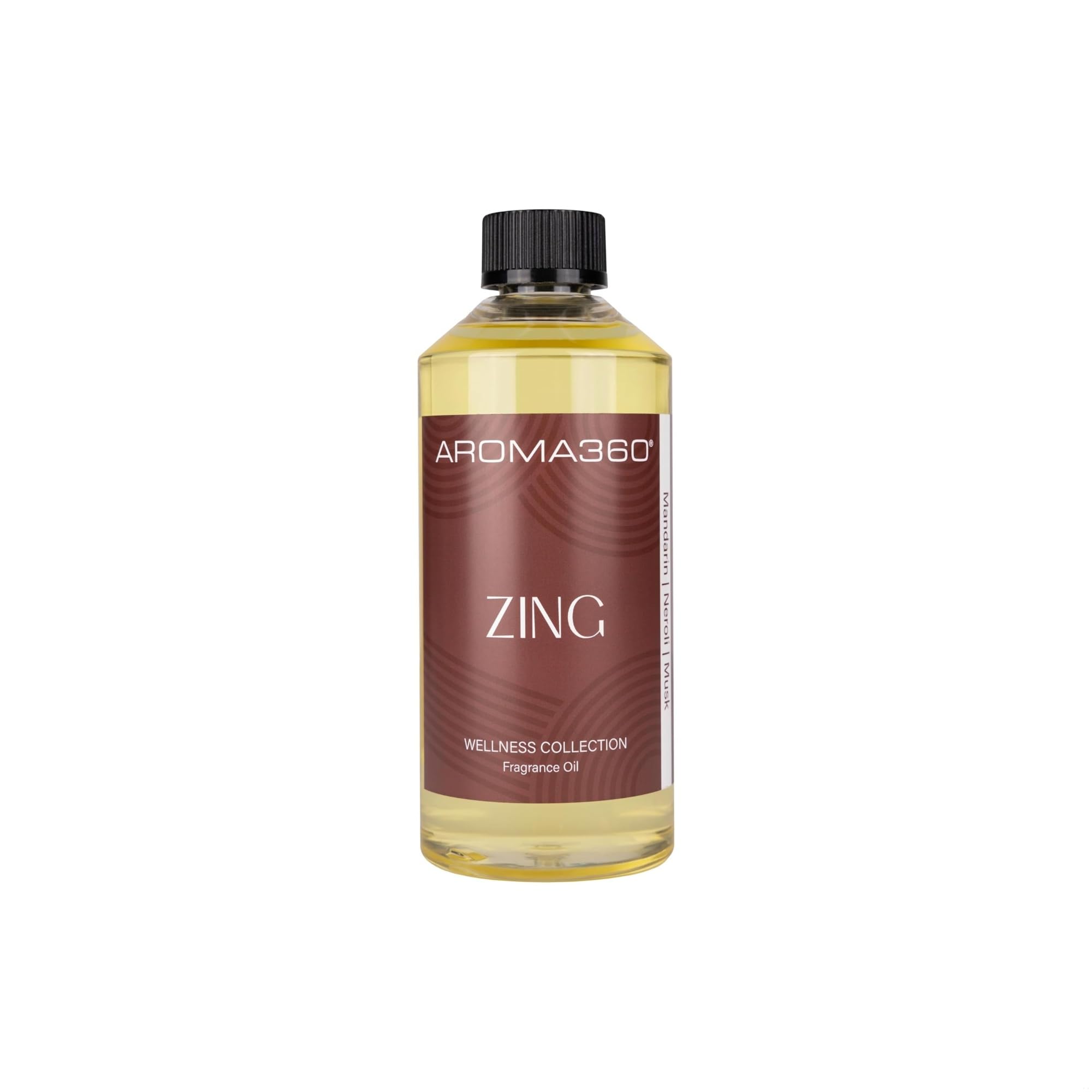Aroma360 Zing fragrance oil blend bottle pour for energizing home and office spaces.