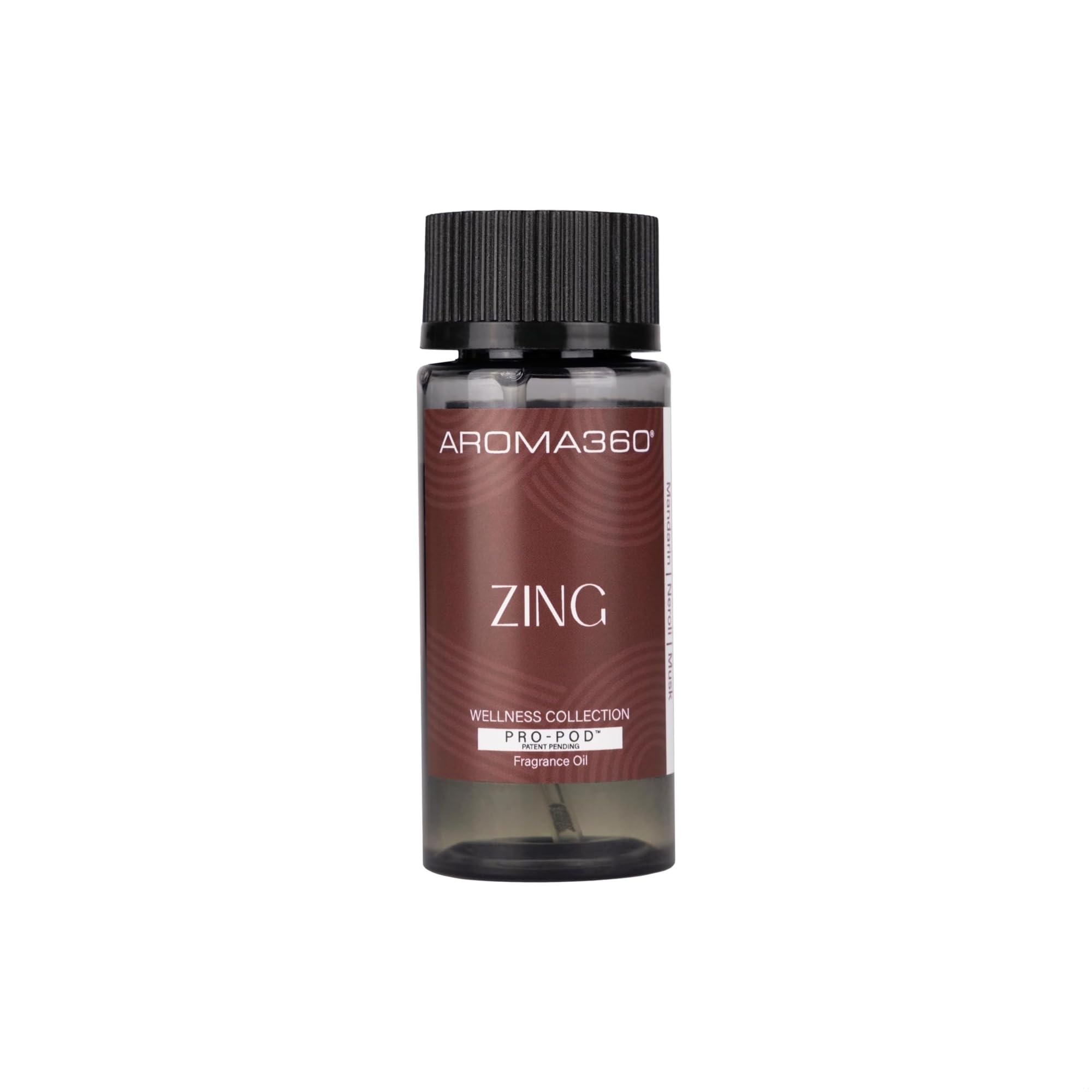 Aroma360 Zing Pro-Pod oil bottle with mandarin-neroli-musk for energizing workspace ambiance.
