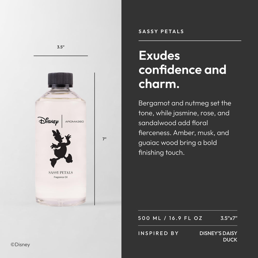 Back label of Aroma360 Sassy Petals fragrance oil bottle