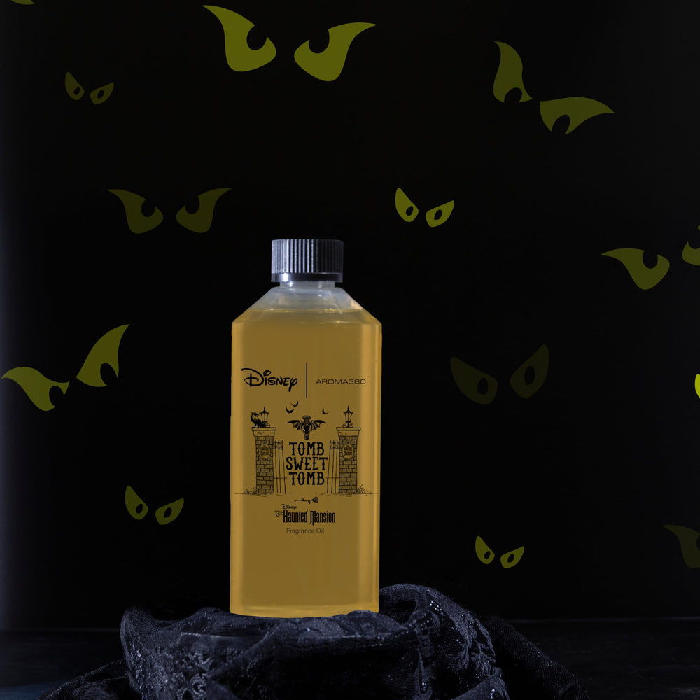 Haunted Mansion inspired Aroma360 Tomb Sweet Tomb diffuser oil bottle.