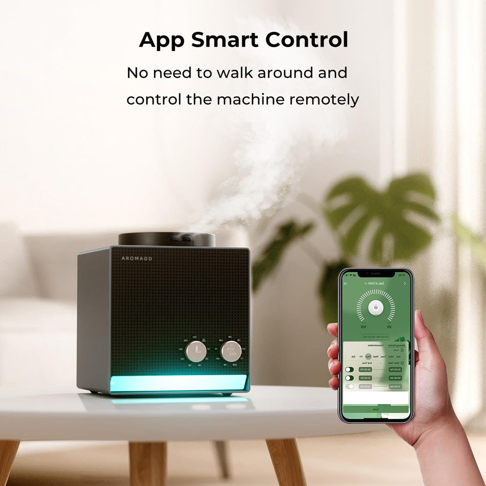 Smartphone app control showing Aromadd settings for diffusion