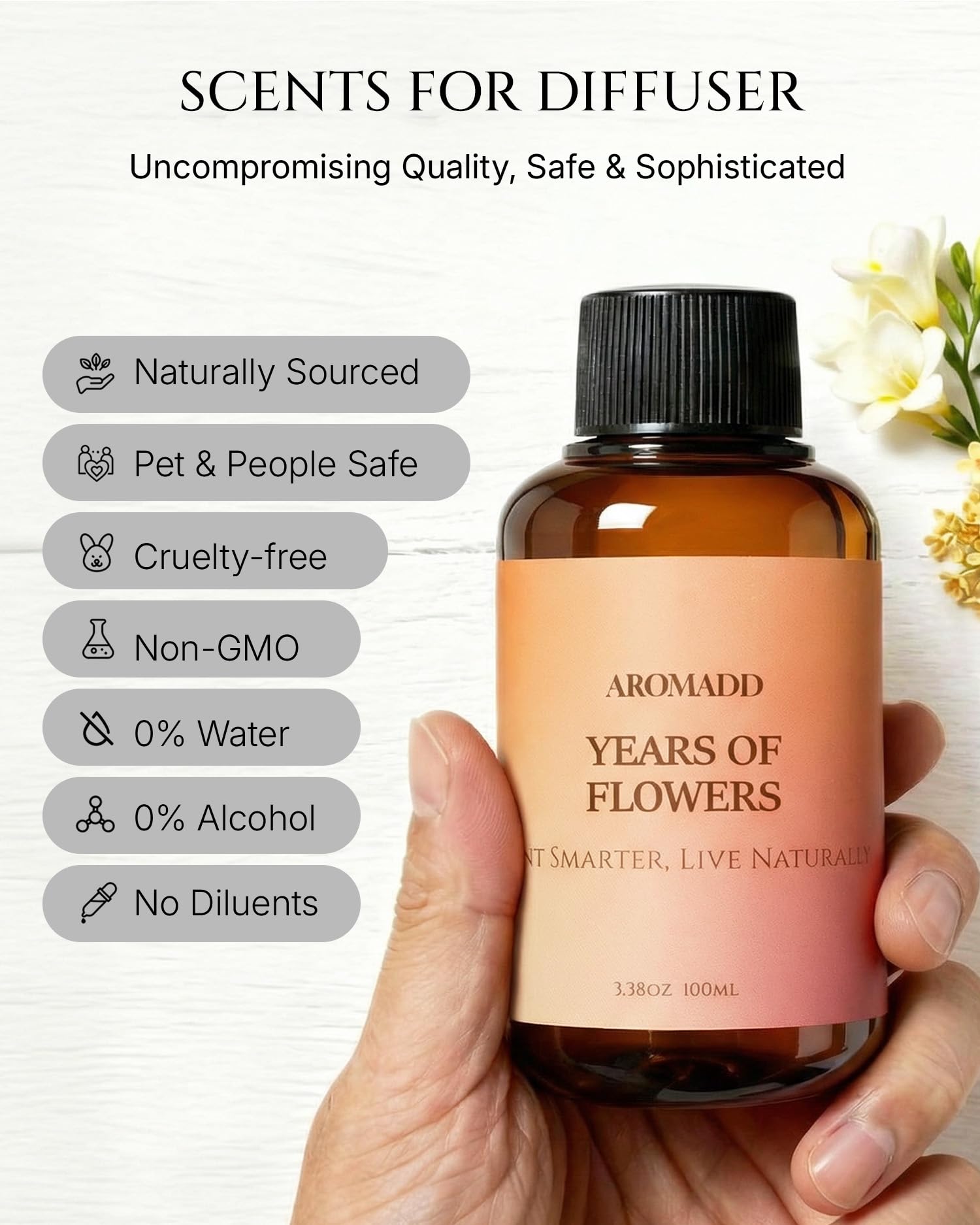 Aromadd diffuser oil works with cold-air, ultrasonic, and car diffusers to fill spaces.