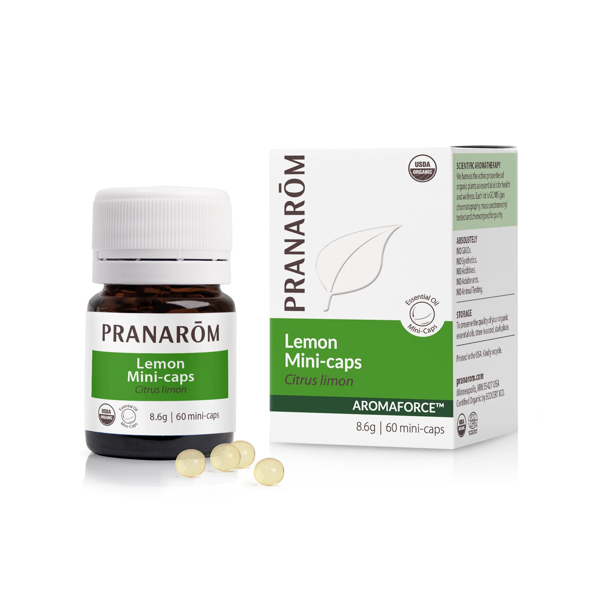 Aromaforce Lemon Mini-Caps capsule image with organic lemon essential oil in sunflower oil