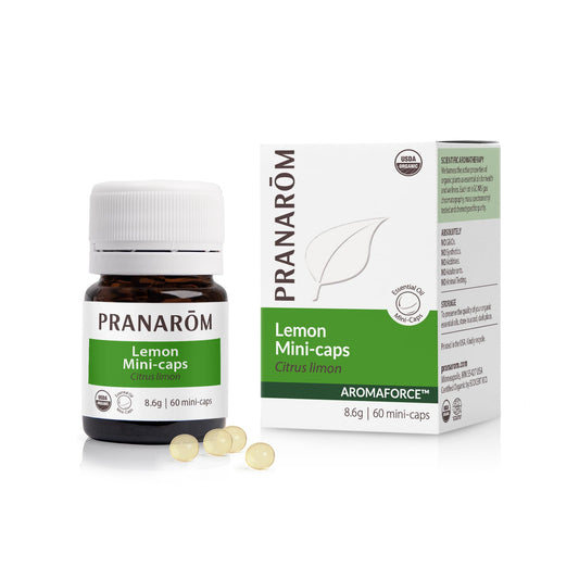 Aromaforce Lemon Mini-Caps capsule image with organic lemon essential oil in sunflower oil