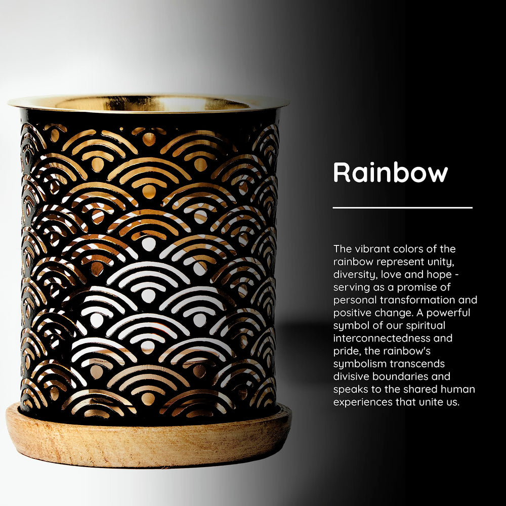 Aromafume Rainbow oil burner lit scene suggests mood-enhancing aromatherapy