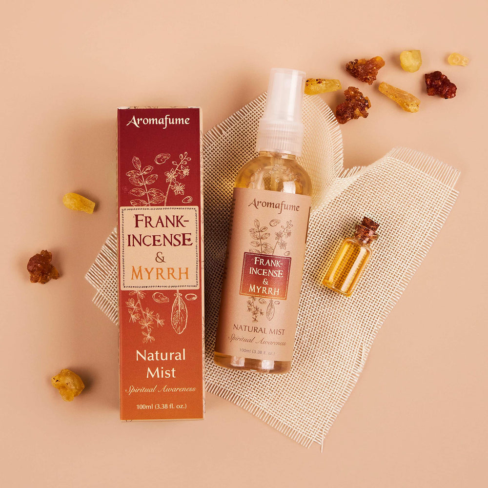 Aromafume Spiritual Awareness frankincense+myrrh bottle blends sacred notes.