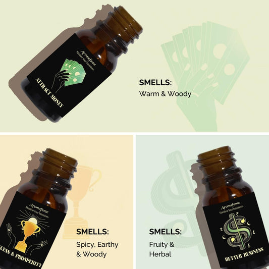 Aromafume Success Prosperity diffuser oil bottle with spicy, earthy notes for goal setting.