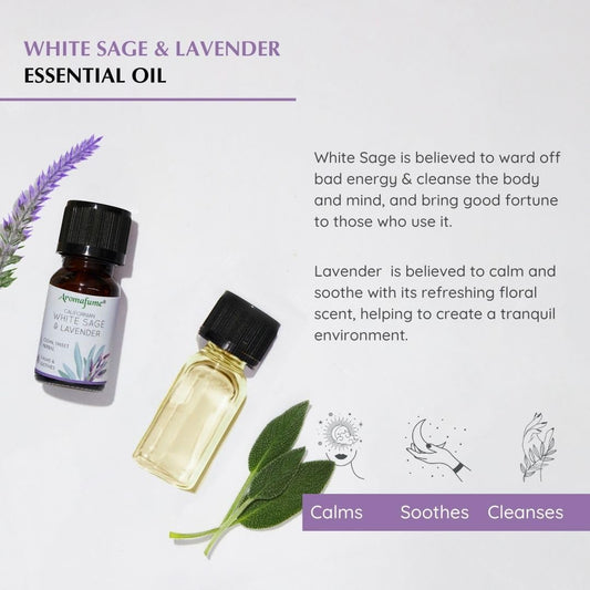 Close-up of White Sage & Lavender essential oil vials for Aromafume diffuser.