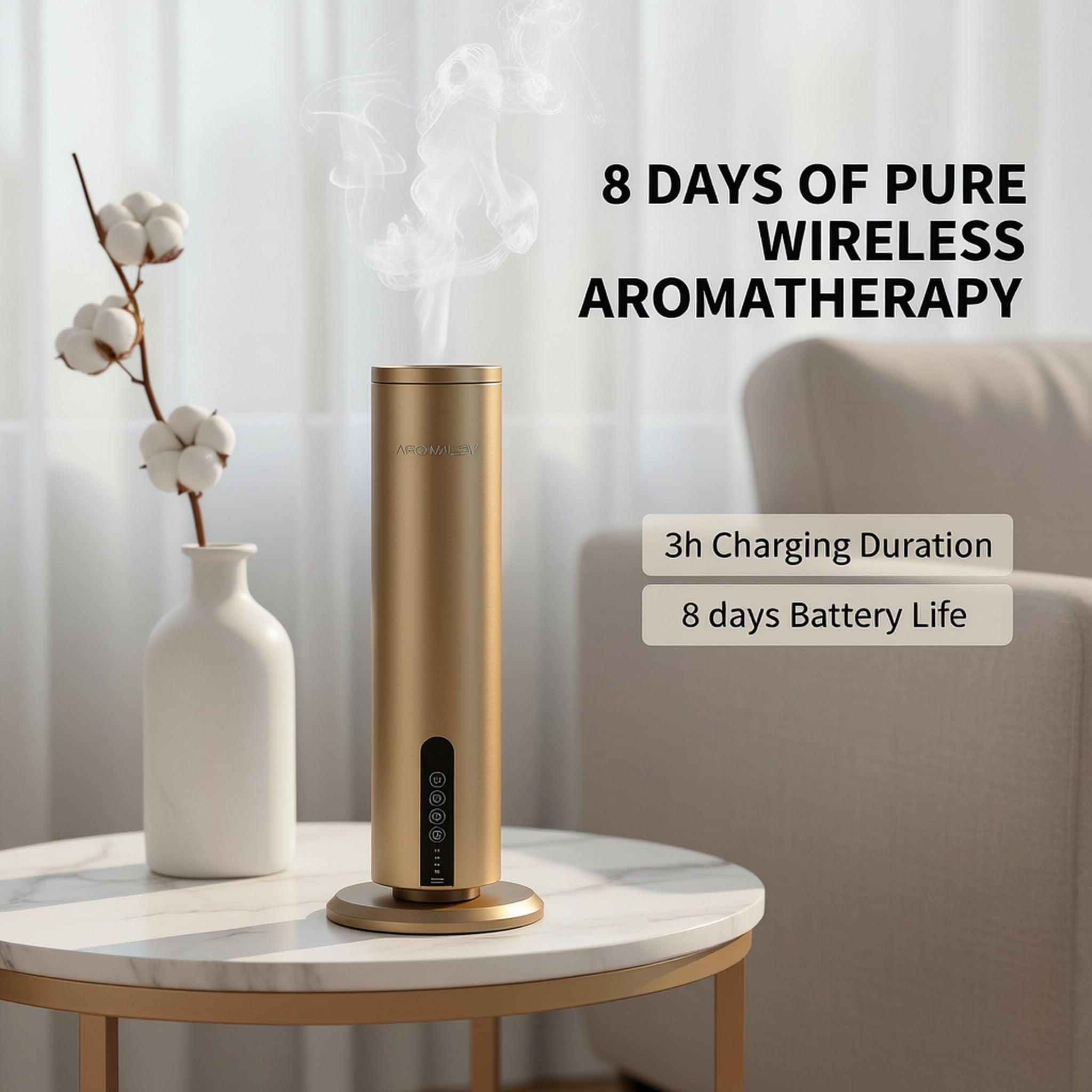AROMALEV diffuser with 8-day battery life enabling cordless use