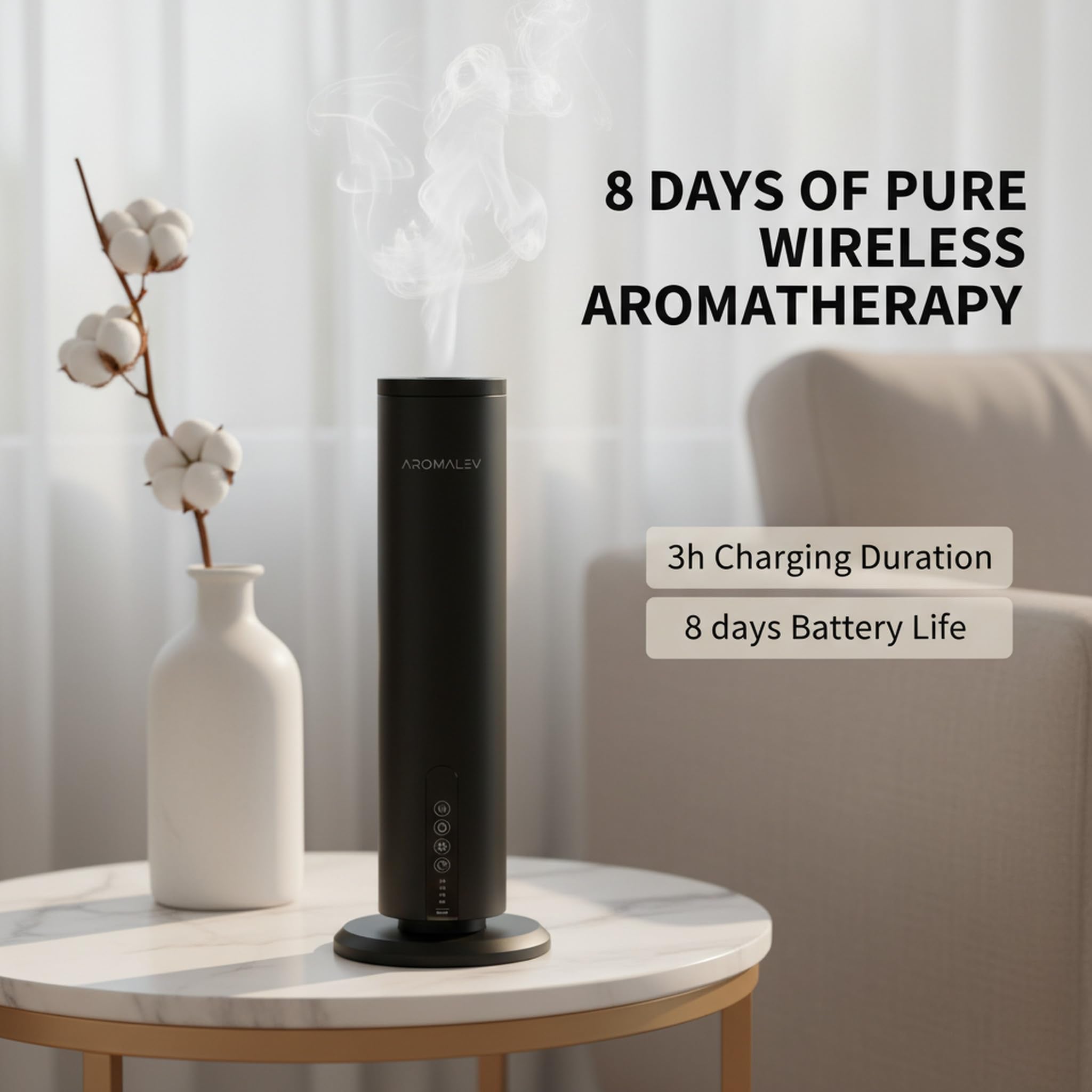 AROMALEV Tower Diffuser Bluetooth app focus for easy scheduling and control.