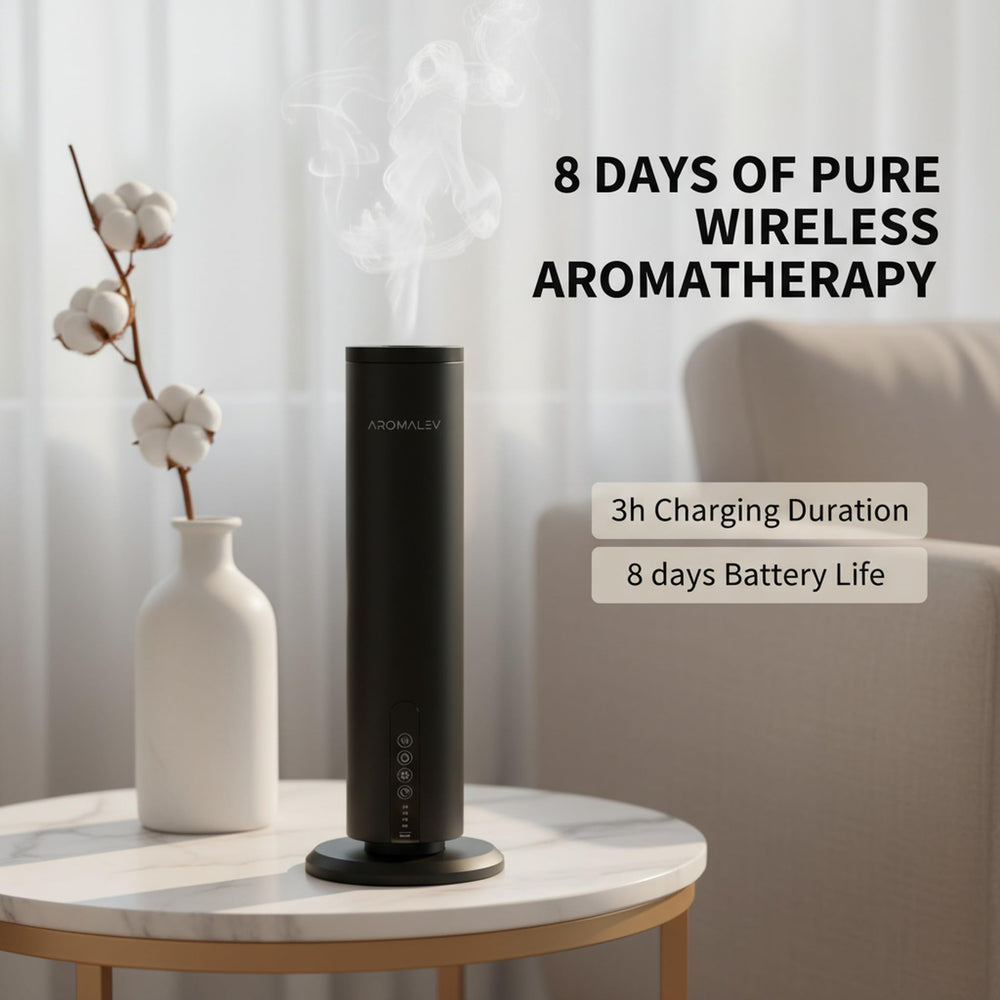 AROMALEV Tower Diffuser Bluetooth app focus for easy scheduling and control.